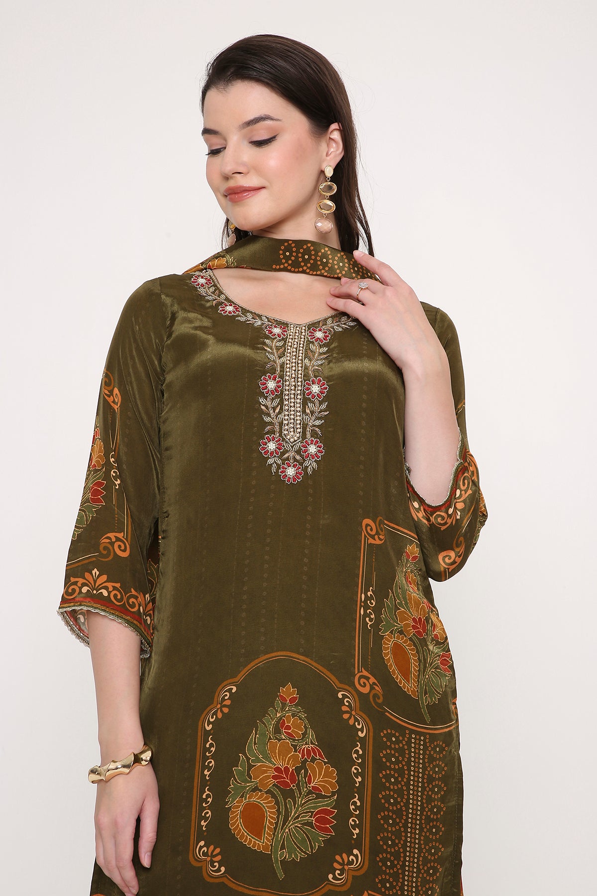 Feathership Olive Green Floral Printed & Embroidered Silk Blend Kurta Set