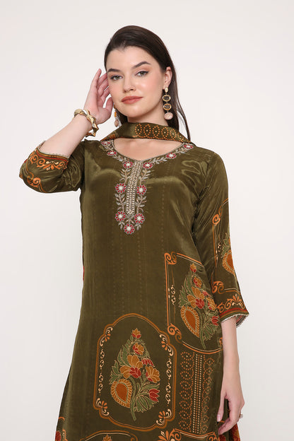 Feathership Olive Green Floral Printed & Embroidered Silk Blend Kurta Set