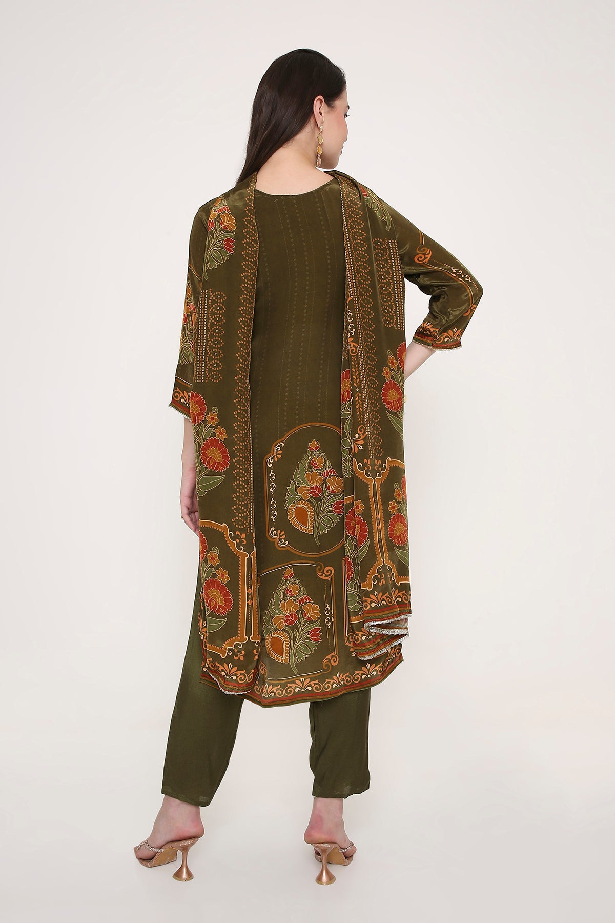 Feathership Olive Green Floral Printed & Embroidered Silk Blend Kurta Set