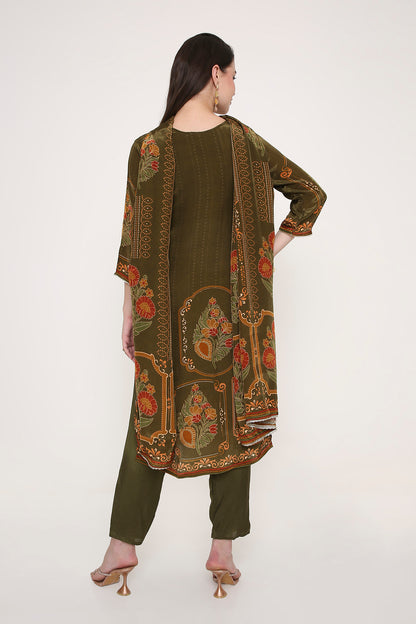 Feathership Olive Green Floral Printed & Embroidered Silk Blend Kurta Set