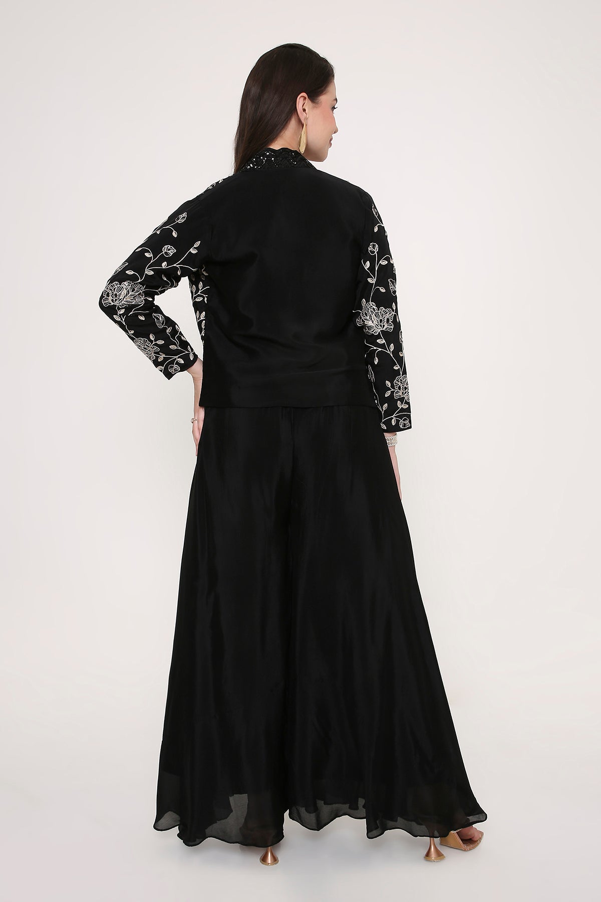 Black Indo-Western Co-ord Set - Embroidered Jacket with Sequin Crop Top & Palazzos