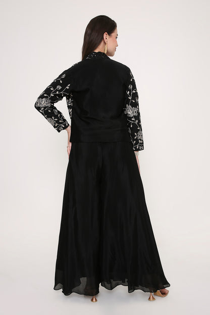 Black Indo-Western Co-ord Set - Embroidered Jacket with Sequin Crop Top & Palazzos
