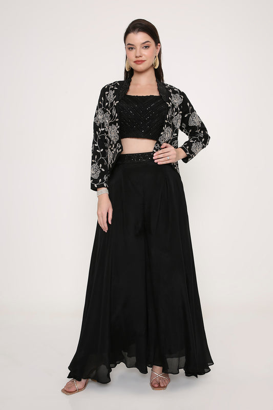 Black Indo-Western Co-ord Set - Embroidered Jacket with Sequin Crop Top & Palazzos