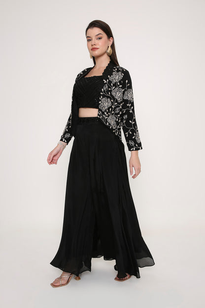 Black Indo-Western Co-ord Set - Embroidered Jacket with Sequin Crop Top & Palazzos