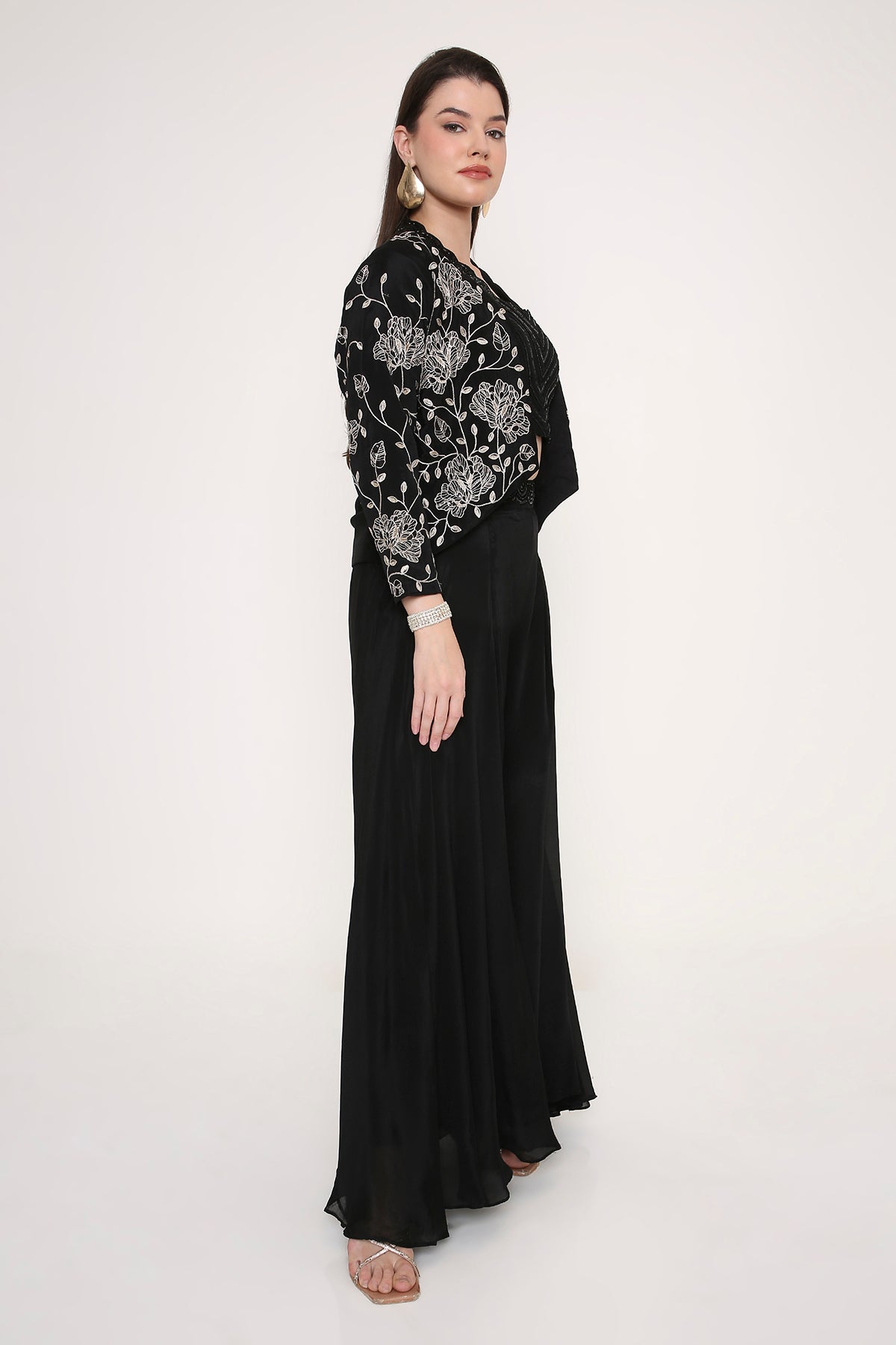 Black Indo-Western Co-ord Set - Embroidered Jacket with Sequin Crop Top & Palazzos