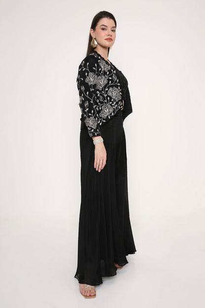 Black Indo-Western Co-ord Set - Embroidered Jacket with Sequin Crop Top & Palazzos