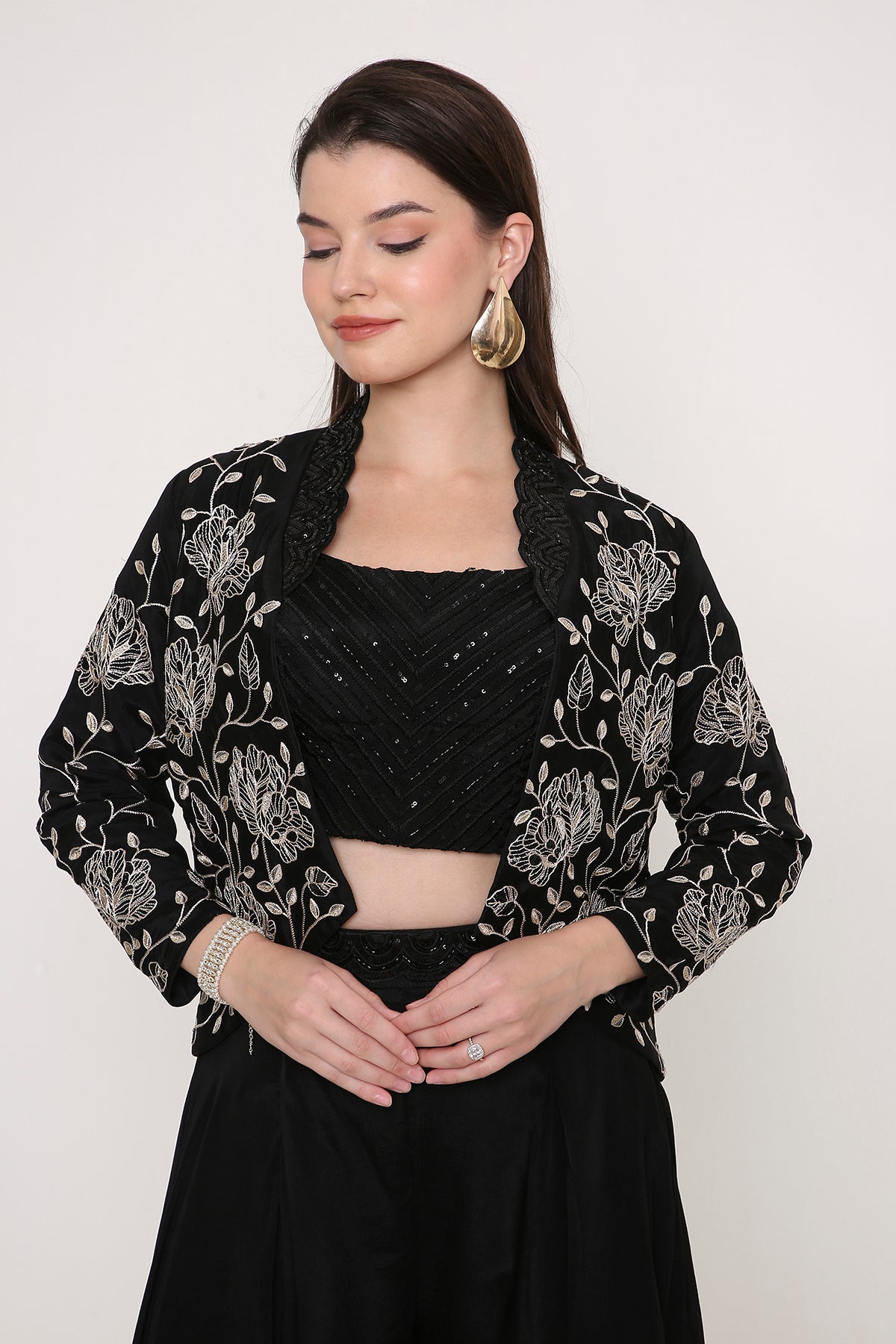 Black Indo-Western Co-ord Set - Embroidered Jacket with Sequin Crop Top & Palazzos