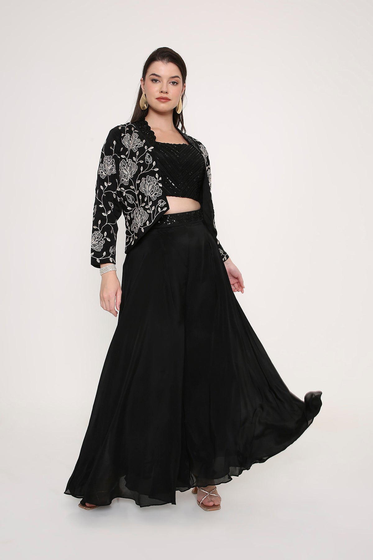 Black Indo-Western Co-ord Set - Embroidered Jacket with Sequin Crop Top & Palazzos