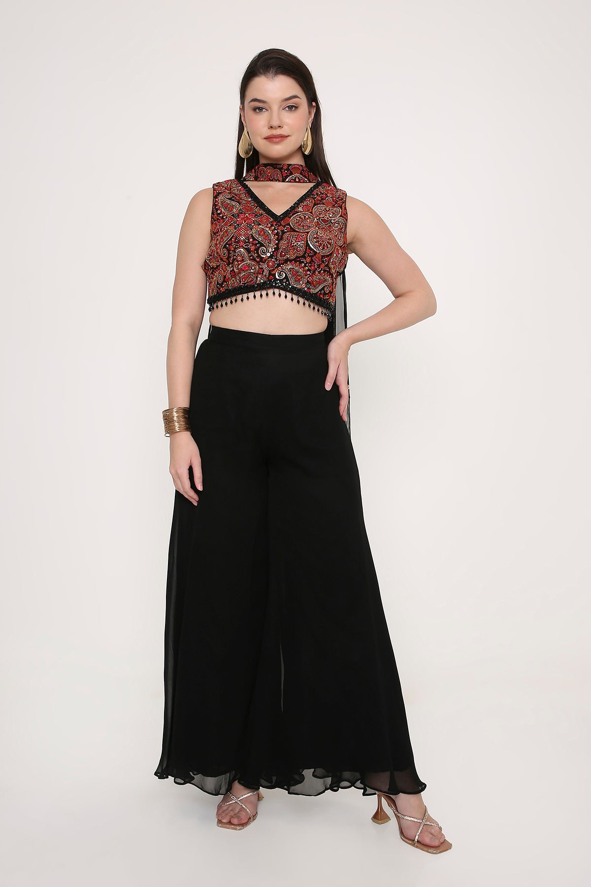 Indo-Western Printed Crop Top with Flared Palazzo Set