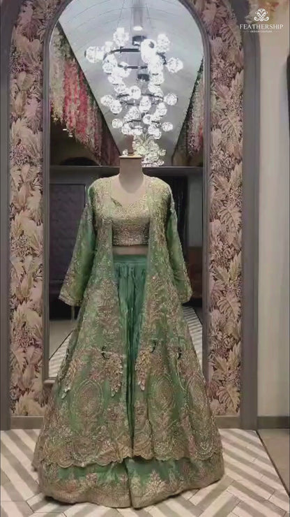 Royal Mint Green Embroidered Jacket Lehenga