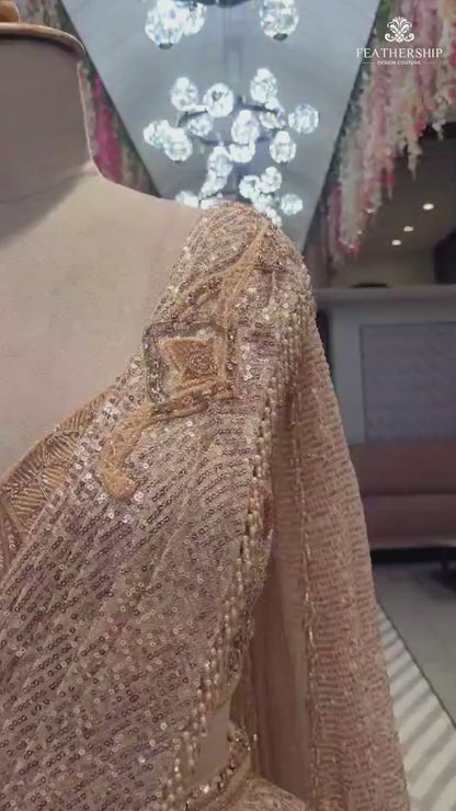 Champagne Gold Sequin Drape Lehenga Gown – Pre-Draped Saree Style for Receptions & Cocktail Nights