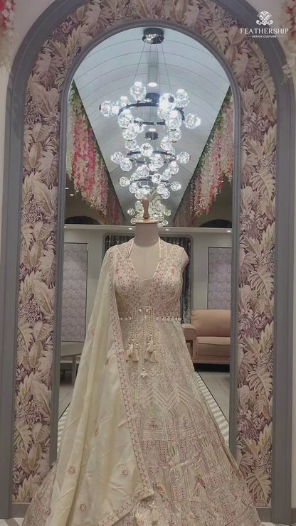 Luxury Ivory Blush Pink Embroidered Gown for Wedding & Traditional Celebrations
